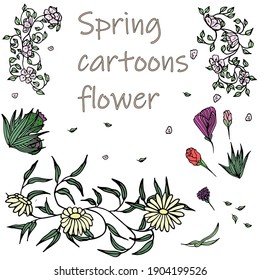 Colorful cartoons flowers. Set of spring cute flowers on branches with leaves. Design of children's books and greeting cards. Vector illustration.