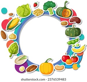 Banner fronterizo colorido estilo caricatura con una variedad de alimentos, frutas y verduras dispuestas alrededor de un marco circular