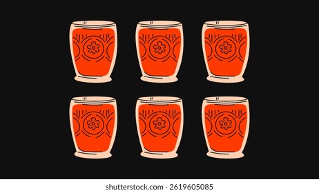 Colorful cartoon-style cocktails — funky summer drinks in assorted glassware, tumblers, goblets, jars, vessels, flutes, and cups