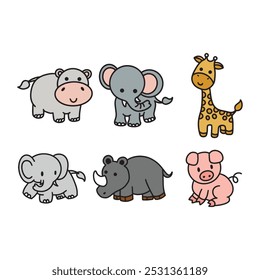 Dibujos coloridos de estilo de dibujos animados de un hipopótamo, elefante, jirafa, rinoceronte y cerdo, ideales para diseños infantiles o propósitos educativos.