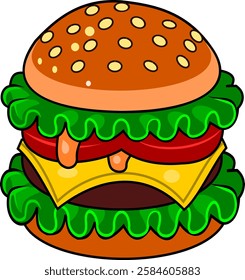 Colorful cartoon-style hamburger illustration with lettuce, tomato, cheese, and sauce dripping from the layers. A fun and appetizing design, perfect for food-related branding, menus, stickers