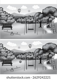Colorful cartoon-style illustration of a children's playground set in a scenic outdoor park with trees, mountains, and hot air balloons. Features include swings, a slide, seesaw, bench, and a ball. Th