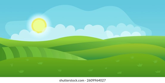 Colorful cartoon-style illustration of a sunny landscape with green rolling hills, blue sky, bright sun, and fluffy clouds. Ideal for backgrounds, children’s themes, or nature visuals