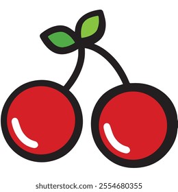 A colorful, cartoon-style illustration of two cherries connected by their stems