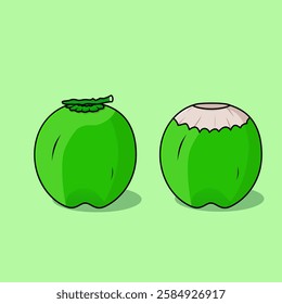 A colorful cartoon-style illustration of two green coconuts, one whole and one opened, set against a light green background. Ideal for food branding, tropical themes, packaging, or digital designs.