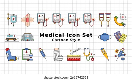 Colorful cartoon-style medical icons with bold outlines and playful shapes. Ideal for healthcare apps, children’s education, and friendly medical-themed content.