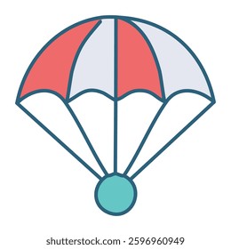 Colorful, cartoon-style parachute illustration featuring red and white panel sections with a teal base