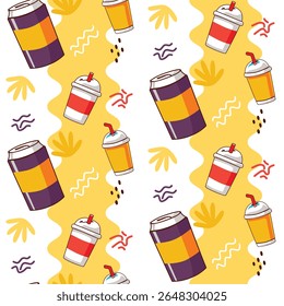 Padrão sem emenda colorido estilo desenhos animados com várias bebidas refrescantes como latas de refrigerante, milkshakes e copos descartáveis em um fundo ondulado brincalhão