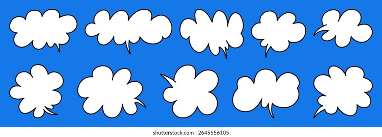 Colorful cartoon-style speech bubbles are arranged in various shapes. Drawn hands emerge from the bubbles, suggesting an animated dialogue or lively exchange of ideas.
