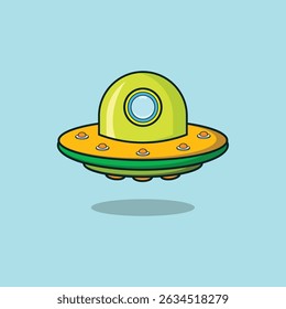 A colorful cartoon-style UFO with a green dome and yellow saucer, isolated on a light blue background. Perfect for sci-fi, space, or futuristic-themed projects