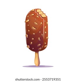 Colorful cartoon-style vector of a chocolate ice cream on a stick with crunchy nuts. Ideal for food-related projects, websites, packaging, and more. A fun, sweet addition to your design collection!