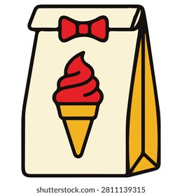 A colorful, cartoon-style vector icon of a paper takeout bag featuring an ice cream cone illustration and a red bow
