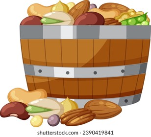 Colorful cartoon-style vector illustration of nuts in a wooden barrel