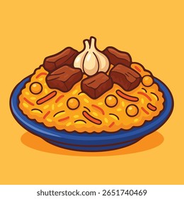 Colorful cartoon-style vector illustration of Uzbek plov (rice pilaf) with meat chunks, chickpeas, carrots, and garlic. Perfect for children’s menus, cultural cookbooks, or food-related designs.