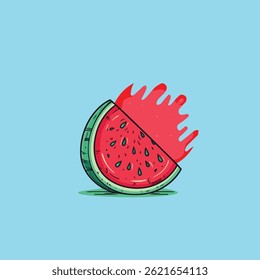 Colorful cartoon-style watermelon slice with dynamic splash effect. Vibrant and fun design perfect for summer themes, fruit illustrations, or fresh food content.