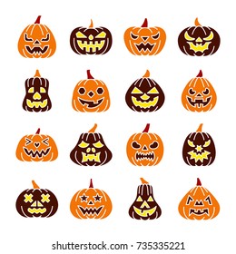 Colorful Carving face pumpkin icon set. Flat design symbol collection. Color logo, web, infographic, print, card, office, business style, banner, sticker, badge concept. Vector sign isolated on white