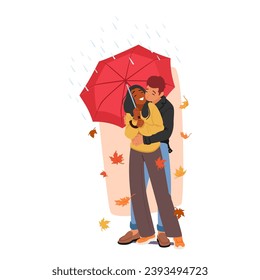 In A Colorful Cascade Of Autumn Leaves, A Cozy Couple Man and Woman Characters Embraces Beneath A Shared Umbrella, Finding Warmth And Joy In The Crisp, Seasonal Air. Cartoon People Vector Illustration