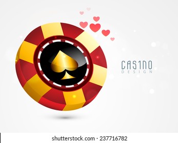 Colorful casino chip design with hearts on grey background.