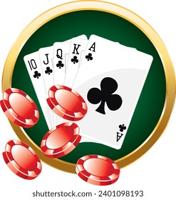 Colorful casino poker composition. Vector icons set. Golden illustration. Clubs royal flush. HAND DRAWN VECTOR ART.