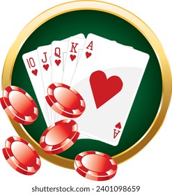 Colorful casino poker composition. Vector icons set. Golden illustration. Hearts royal flush. HAND DRAWN VECTOR ART.
