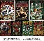Colorful casino posters with skulls in crown and hat royal flush poker hand slot machine roulette wheel coins money gambling chips pretty poker lady skeleton gambler and queen vector illustration