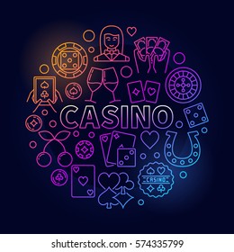 Colorful casino round illustration. Vector circular sign made with chips, cards, roulette and other gambling icons on dark blue background