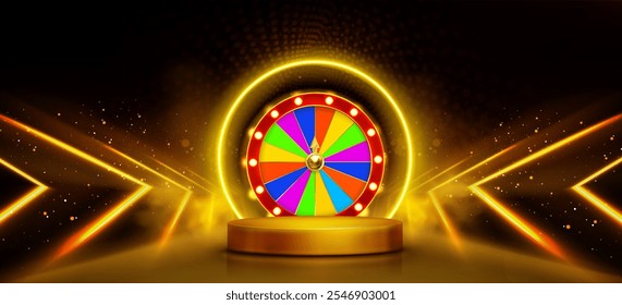 Rueda giratoria colorida del casino sobre el podio circular dorado con flechas brillantes del laser del neón y anillos brillantes en fondo oscuro. Promociones de juegos de azar, anuncios de lotería o conceptos de juegos.