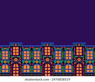 Colorful casitas facade illustration with floral ornament .The Day of the Dead or Hispanic heritage month themed background