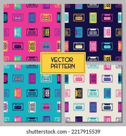 Colorful cassette tape radio rectangular shape memphis style retro seamless repeat vector pattern