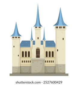 Colorful castle with blue roofs and towers. Vector illustration