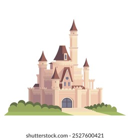 Colorful castle illustration with towers and greenery around it. Vector illustration