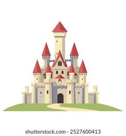 Colorful castle with red roofs on a green hill. Vector illustration