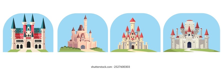 Bunte Burg mit verschiedenen Designs und Stilen. Vektorgrafik