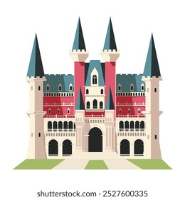 Colorful castle with towers and arches. Vector illustration