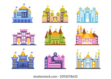 Colorful castles and mansions set. Collection of medieval buildings vector Illustrations