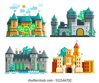 Colorful castles set of medieval era with towers and domes in flat style isolated vector illustration