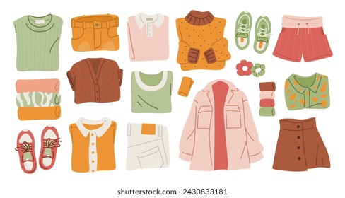 Colección de ropa casual colorida. Surtido de prendas de mujer sobre fondo blanco. Vista superior de la ropa plegada tumbada. Ilustración vectorial plana.