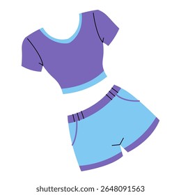 Colorful casual outfit design featuring a purple top and blue shorts for summer wear