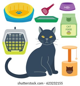 Colorful cat accessory cute vector animal icons pet equipment food domestic feline illustration.
