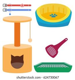 Colorful cat accessory cute vector animal icons pet equipment food domestic feline illustration.