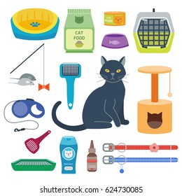 Colorful cat accessory cute vector animal icons pet equipment food domestic feline illustration.