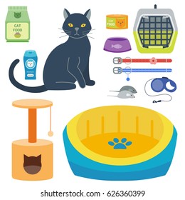 Colorful cat accessory cute vector animal icons pet equipment food domestic feline illustration.