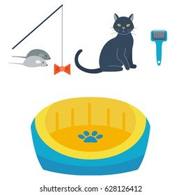 Colorful cat accessory cute vector animal icons pet equipment food domestic feline illustration.