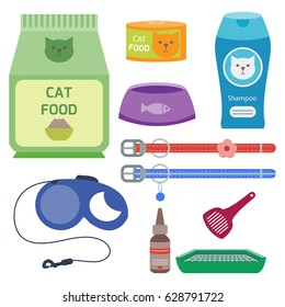 Colorful cat accessory cute vector animal icons pet equipment food domestic feline illustration.