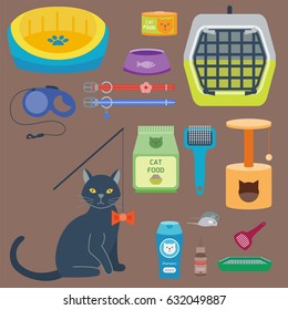 Colorful cat accessory cute vector animal icons pet equipment food domestic feline illustration.