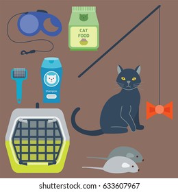 Colorful cat accessory cute vector animal icons pet equipment food domestic feline illustration.