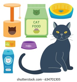 Colorful cat accessory cute vector animal icons pet equipment food domestic feline illustration.