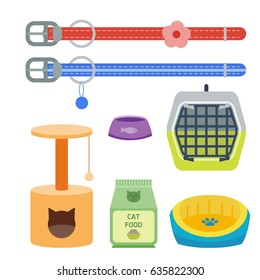 Colorful cat accessory, cute vector animal icons, pet equipment food domestic feline illustration.
