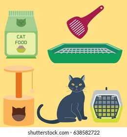 Colorful cat accessory cute vector animal icons pet equipment food domestic feline illustration.