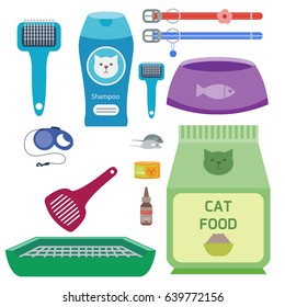 Colorful cat accessory cute vector animal icons pet equipment food domestic feline illustration.
